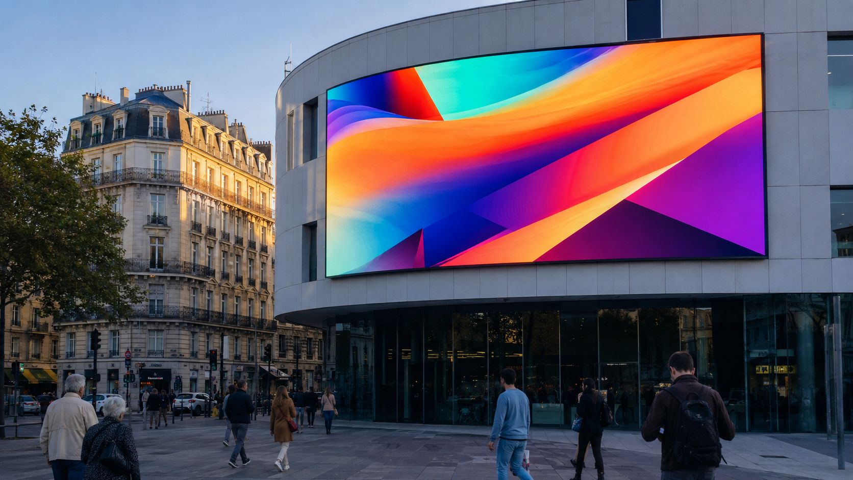 Un grand écran LED extérieur diffusant une image lumineuse au-dessus d'une place passante