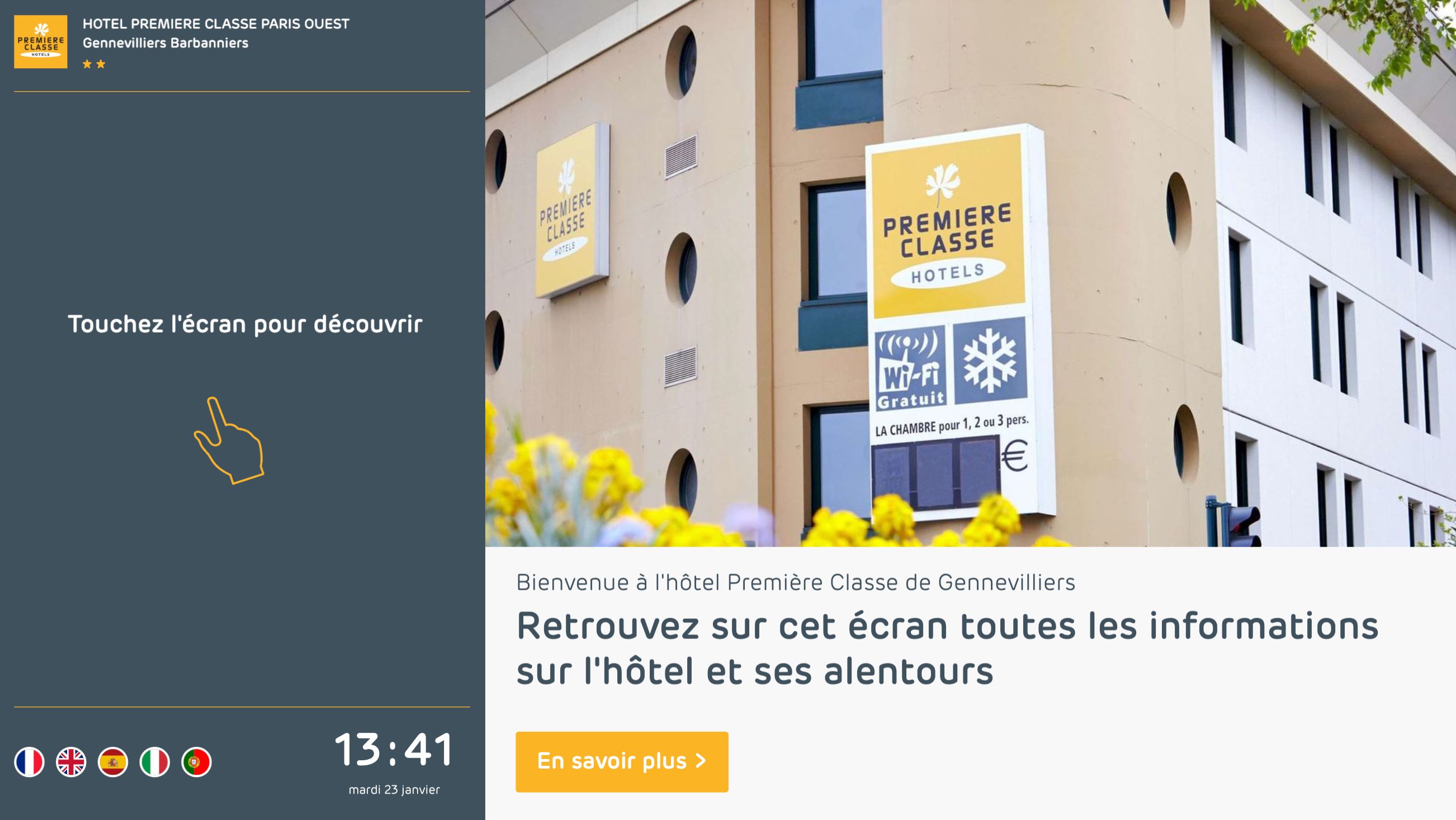 Écran d'accueil de l'application avec ses rubriques d'information