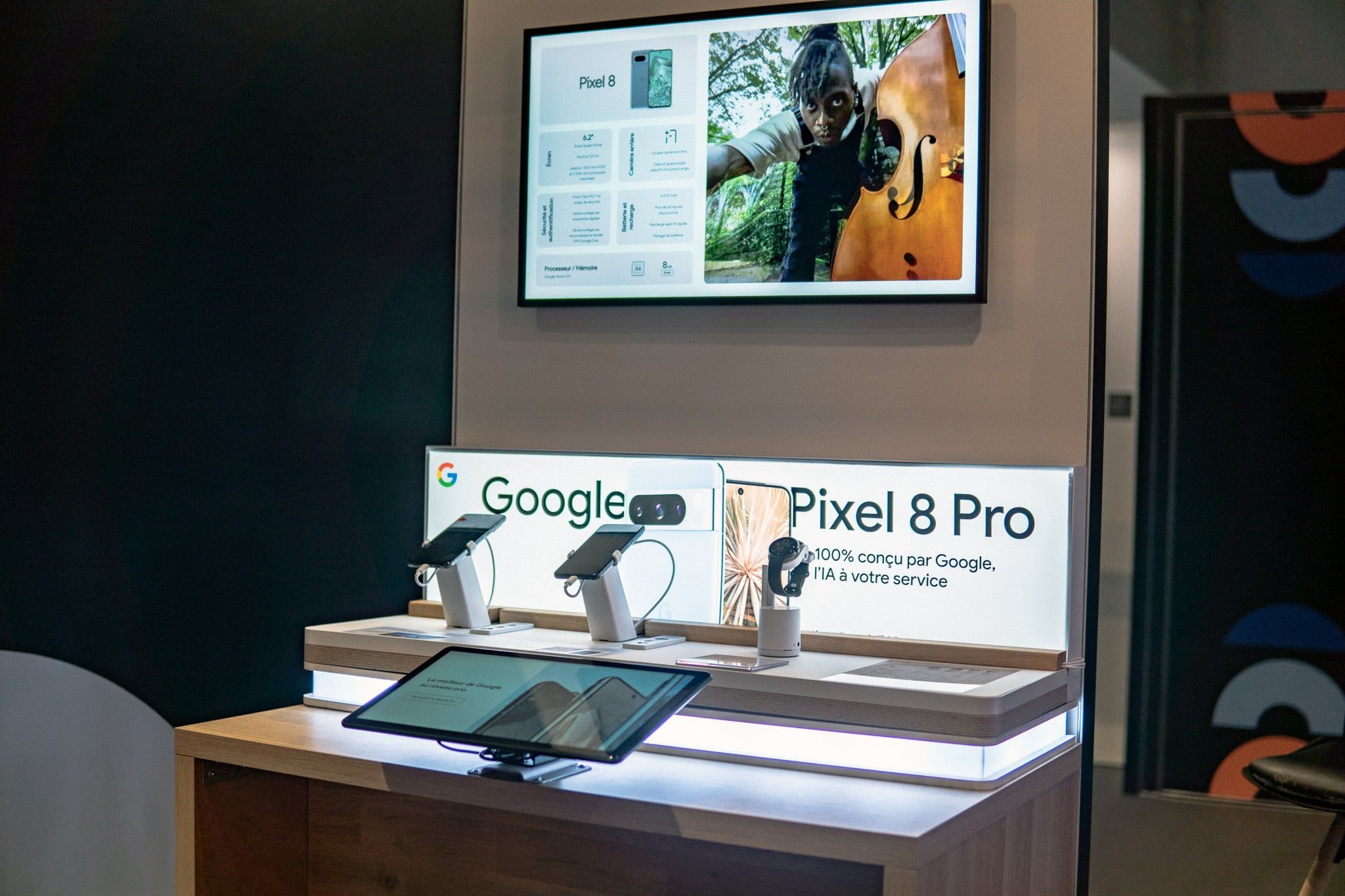 Two screens showing the Google Pixel range above the display stand