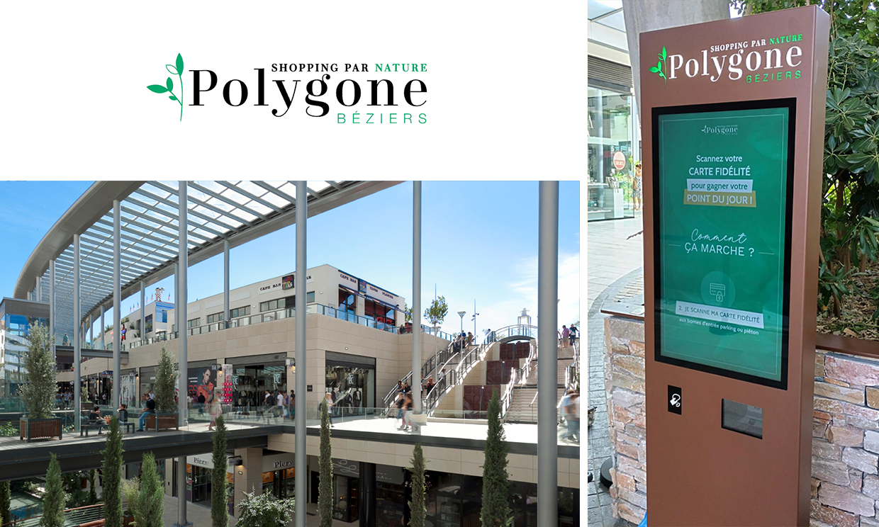 Photo collage of the Polygone Béziers shopping center and its interactive loyalty terminal