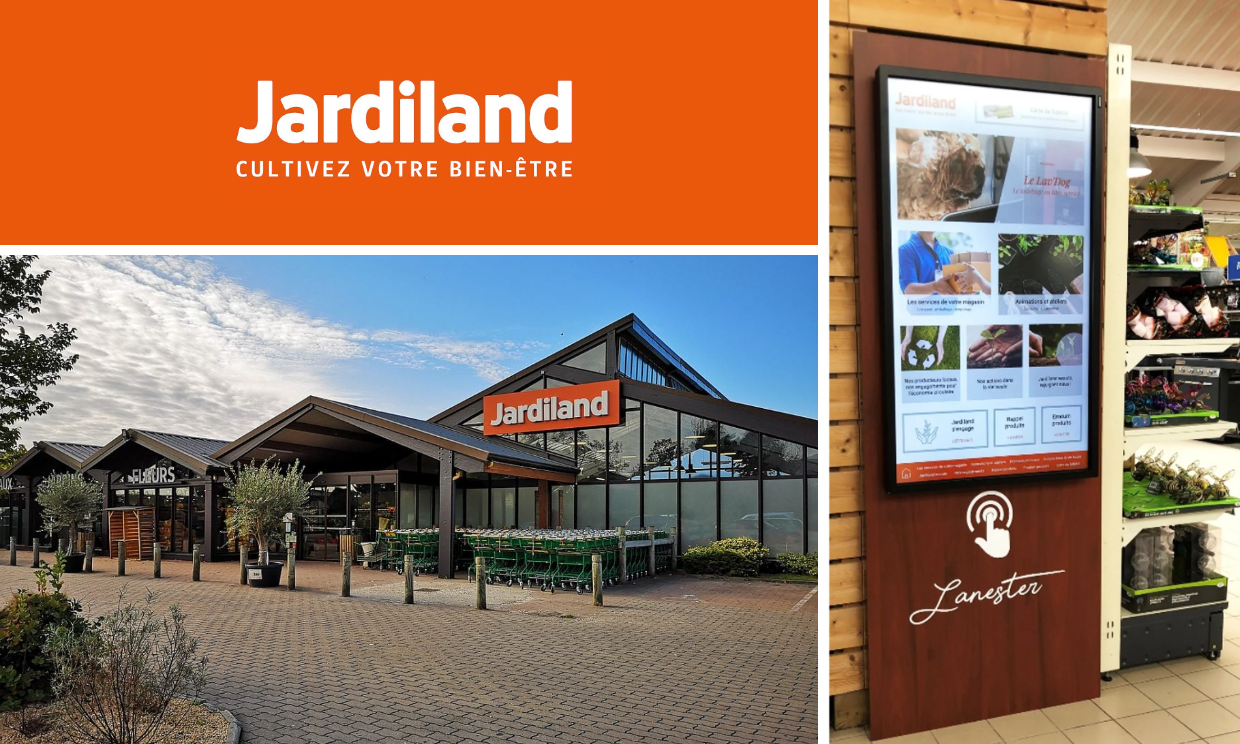 Jardiland storefront and an interactive screen installed in the Lanester store
