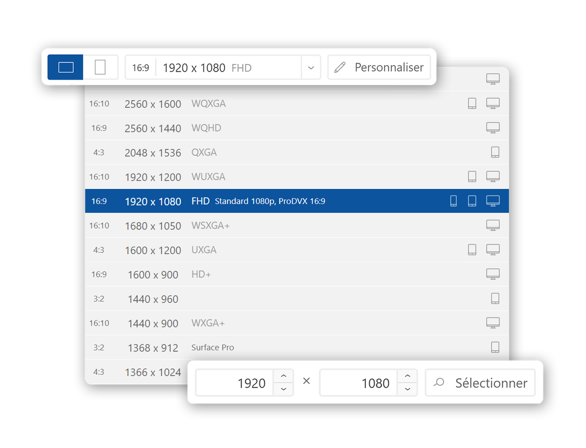 Touchify Studio screen resolution selector
